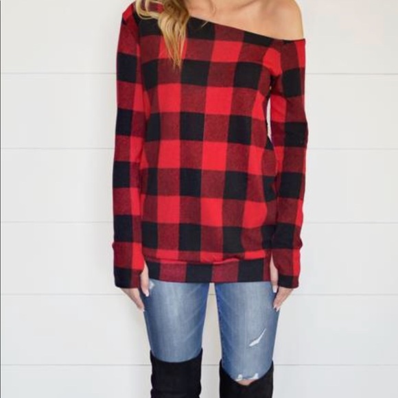 New Buffalo Plaid Sweater One Shoulder Thumb Holes - Picture 6 of 6